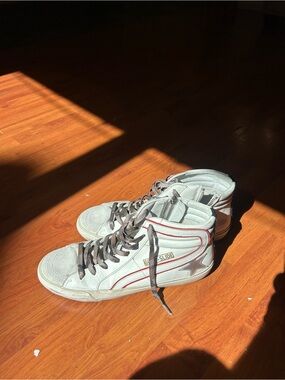 Golden Goose White Sneakers with Red Trim and Brown Laces
